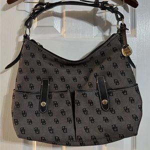Dooney & Bourke Canvas Shoulder Bag Double Front Pocket Monogram Gray Black Pink